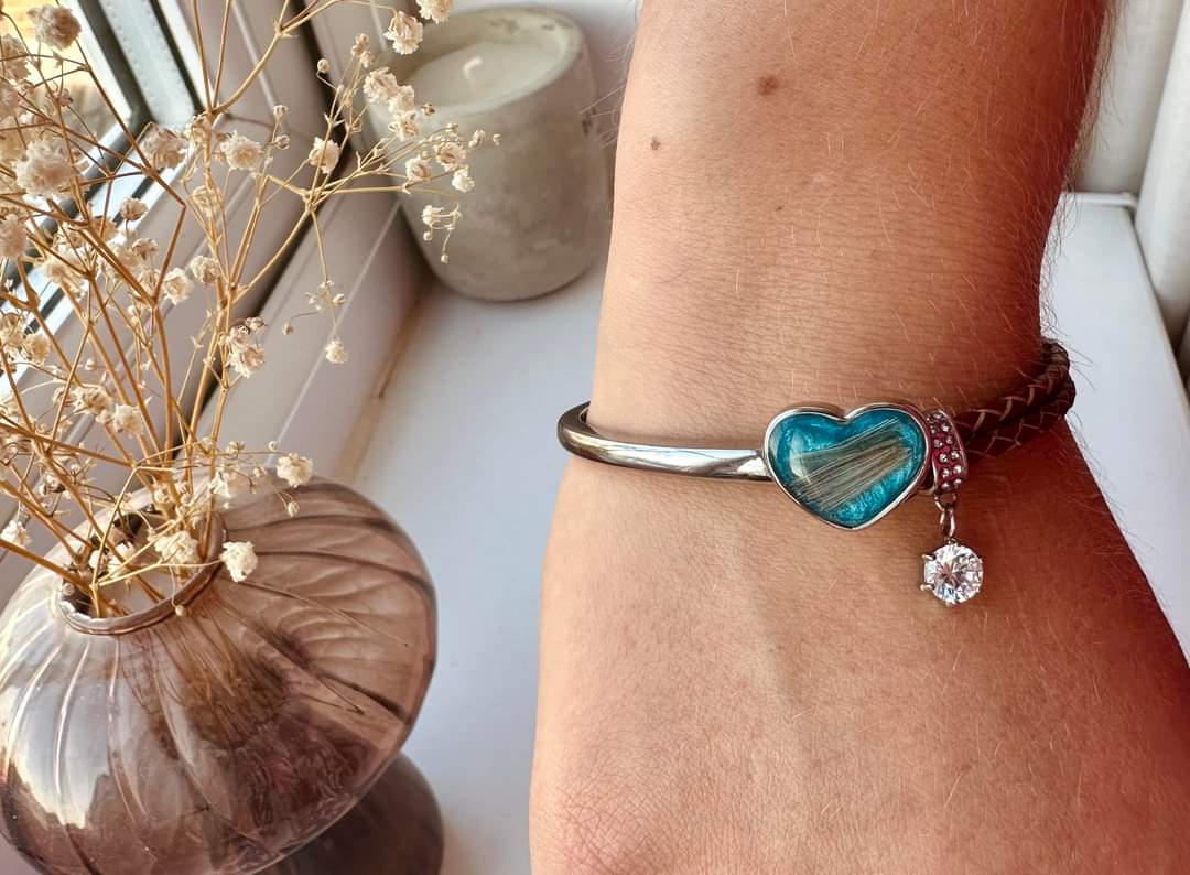 Half & Half Stainless Steel Leather Heart Bangle