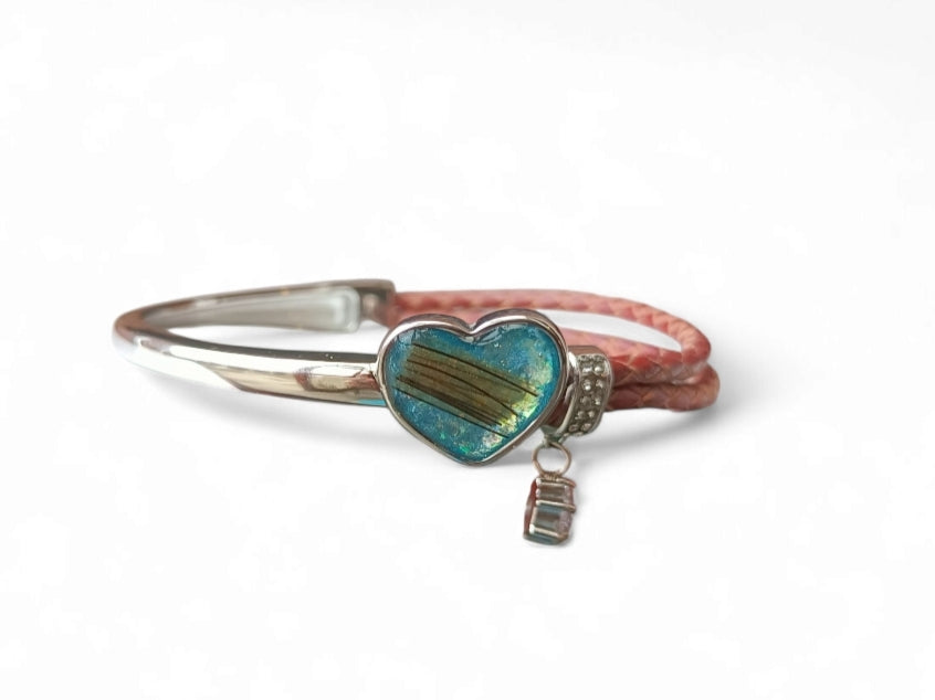 Half & Half Stainless Steel Leather Heart Bangle