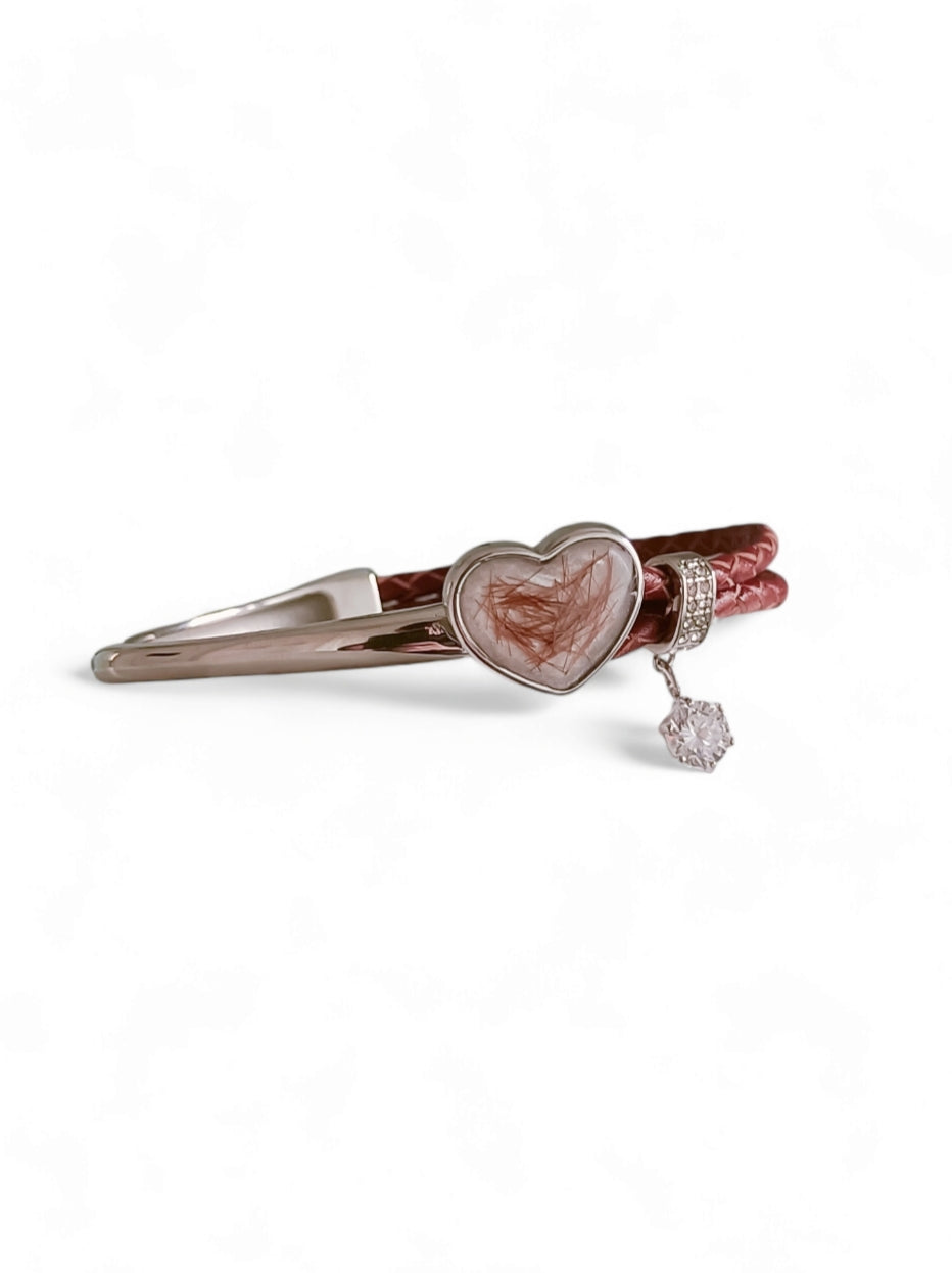 Half & Half Stainless Steel Leather Heart Bangle