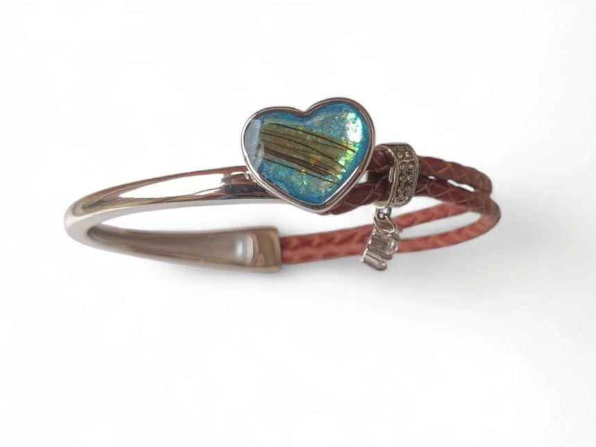Half & Half Stainless Steel Leather Heart Bangle