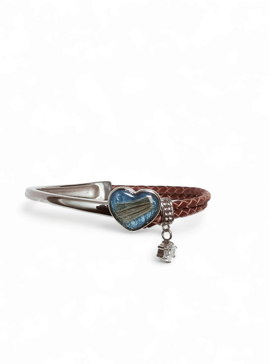 Half & Half Stainless Steel Leather Heart Bangle